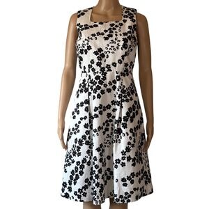 Talbots Petites White Black Floral Cotton Fit Flare Dress 2P Square Neck